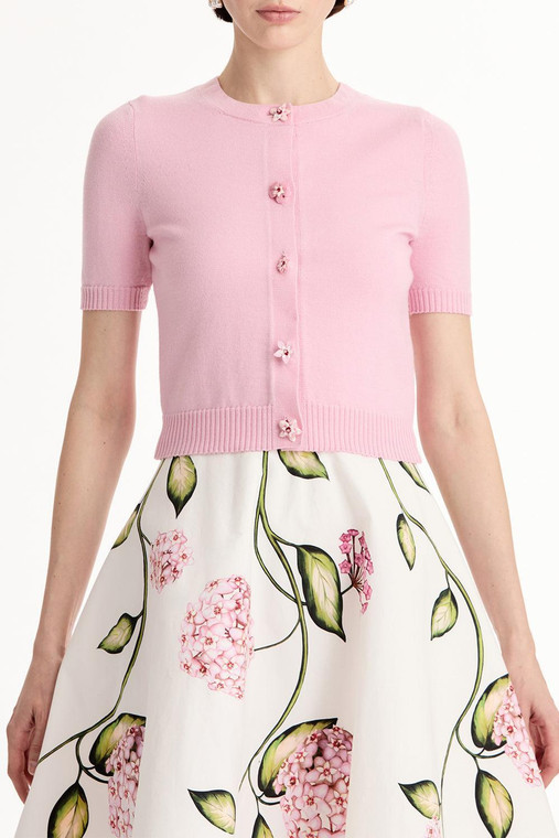 Oscar de la Renta Floral Button Cropped Cardigan in Pink, Size X-Small