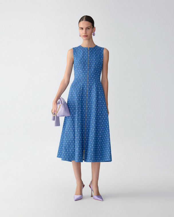 Carolina Herrera Polka Dot Denim A-Line Midi Dress in Light Blue, Size 10