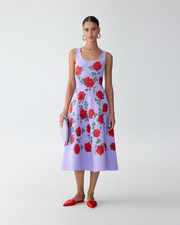 Carolina Herrera Rose Jacquard Fit-and-Flare Dress in Violeta/Multi, Size Medium