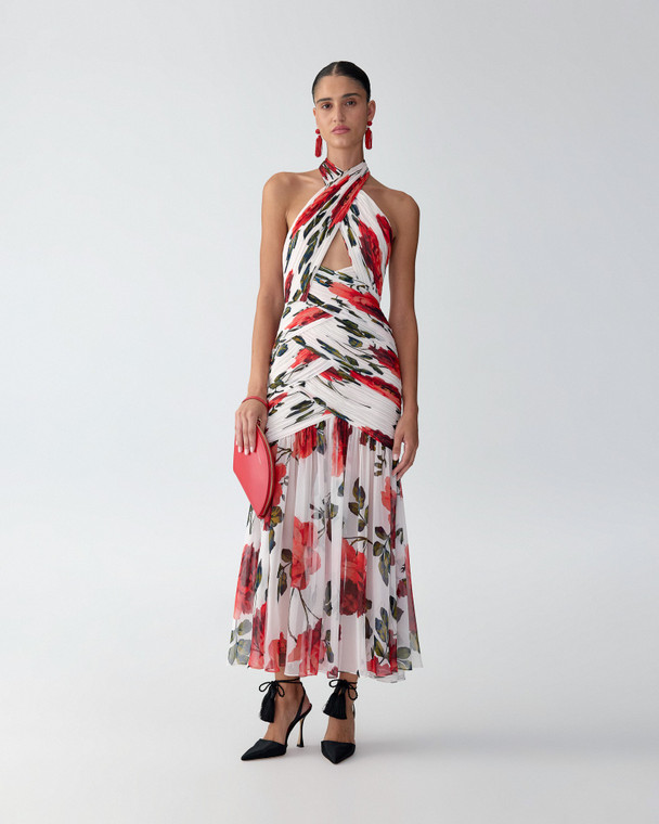 Carolina Herrera Rose-Print Chiffon Midi Dress in Ivory/Multi, Size 2