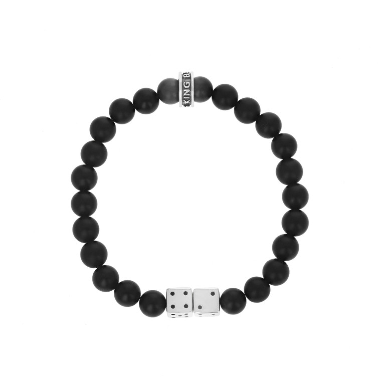 King Baby Studio Onyx Bead Bracelet with 2 Silver Dice Beads and Logo Ring, Size Medium