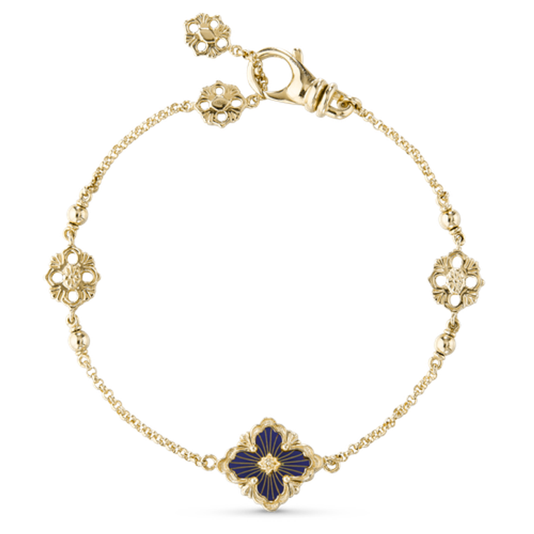 Buccellati Opera Tulle Enamel 18K Yellow Gold Bracelet with Blue Enamel Logo, Size 16