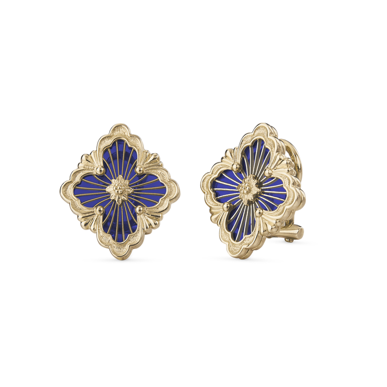 Buccellati Opera Tulle 18K Yellow Gold Blue Enamel Button Earrings, Medium