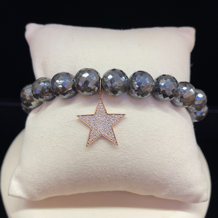 Sydney Evan 14K Gold & Large Pave Star Charm on Mystic Labradorite Faceted Bead Bracelet