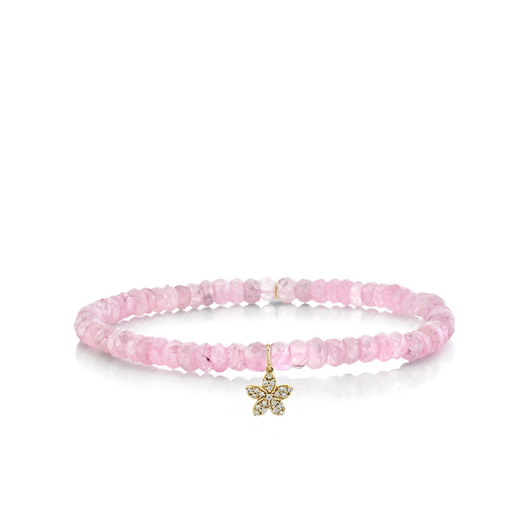 Sydney Evan 14K Yellow Gold & Diamond Small Plumeria Charm on Mystic Pink Grapolite Faceted Rondelle Bead Bracelet, Size Small