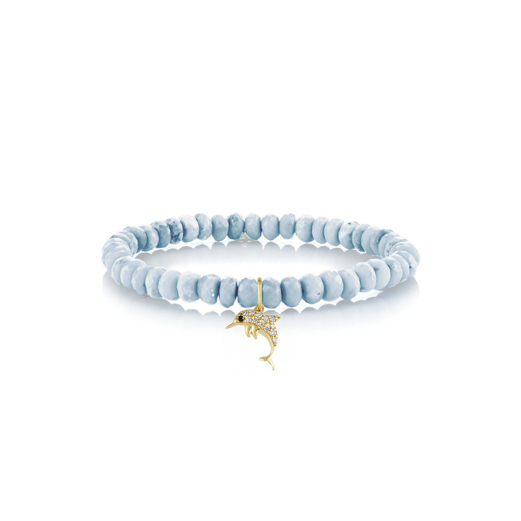 Sydney Evan 14K Yellow Gold & Diamond Small Dolphin Charm on Blue African Opal Faceted Rondelle Bead Bracelet, Size Small
