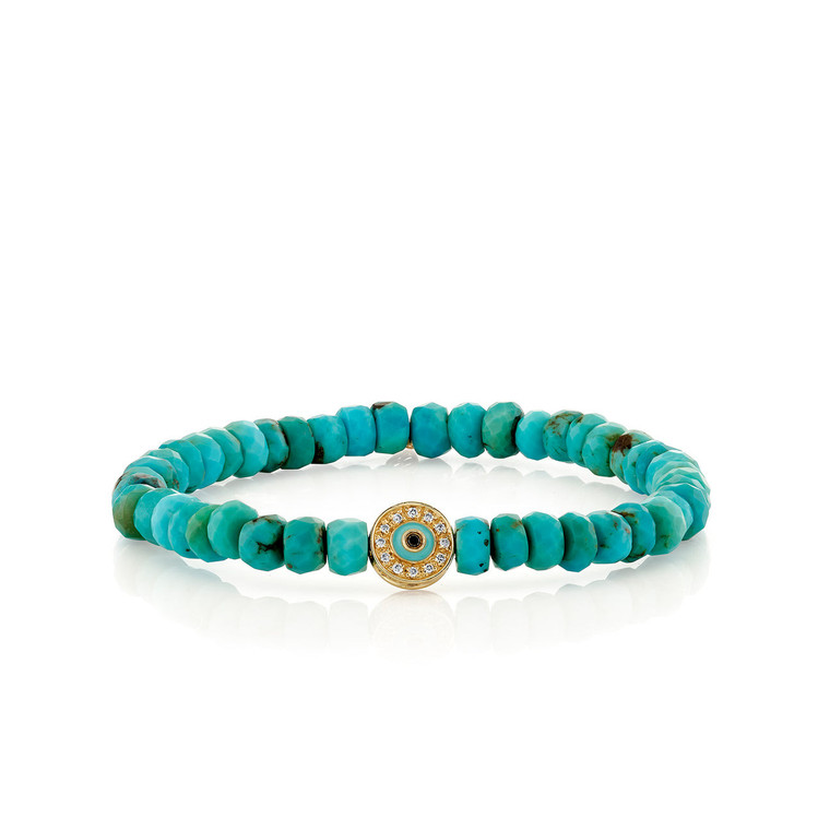 Sydney Evan 14K Yellow Gold, Diamond & Enamel Round Eye Bead on Turquoise Faceted Rondelles