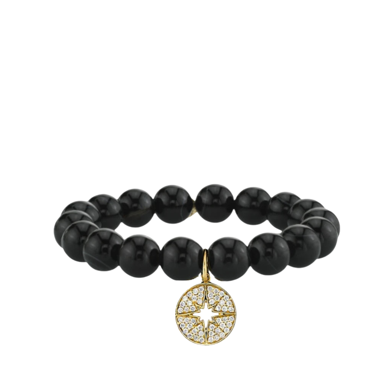 Sydney Evan 14K Yellow Gold Mini Pave Starburst Medallion Charm on Sardonyx Smooth Round Bead Bracelet