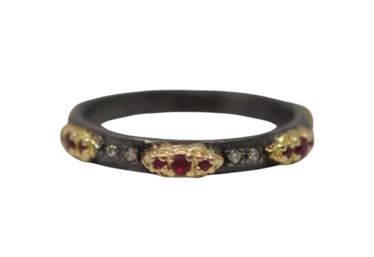 Armenta 18K Yellow Gold and Blackened Sterling Silver Mini Scroll Stack Band Ring, Size 7