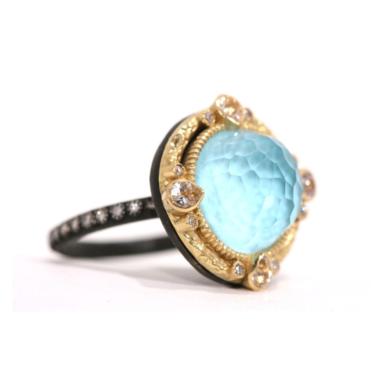 Armenta 18K Yellow Gold and Blackened Sterling Silver Turquoise and Quartz Ring, Size 6.5