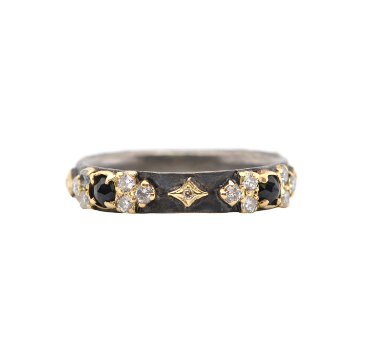 Armenta 18K Yellow Gold and Blackened Sterling Silver Black Sapphire Scroll Stack Band Ring, Size 7