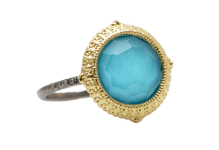 Armenta 18K Yellow Gold & Blackened Sterling Silver Turquoise Round Pointed Statement Ring, Size 6.5