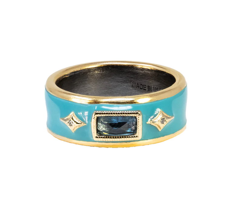 Armenta 14K Rose Gold and Grey Sterling Silver London Blue Topaz Wide Band Enamel Stack Ring, Size 7