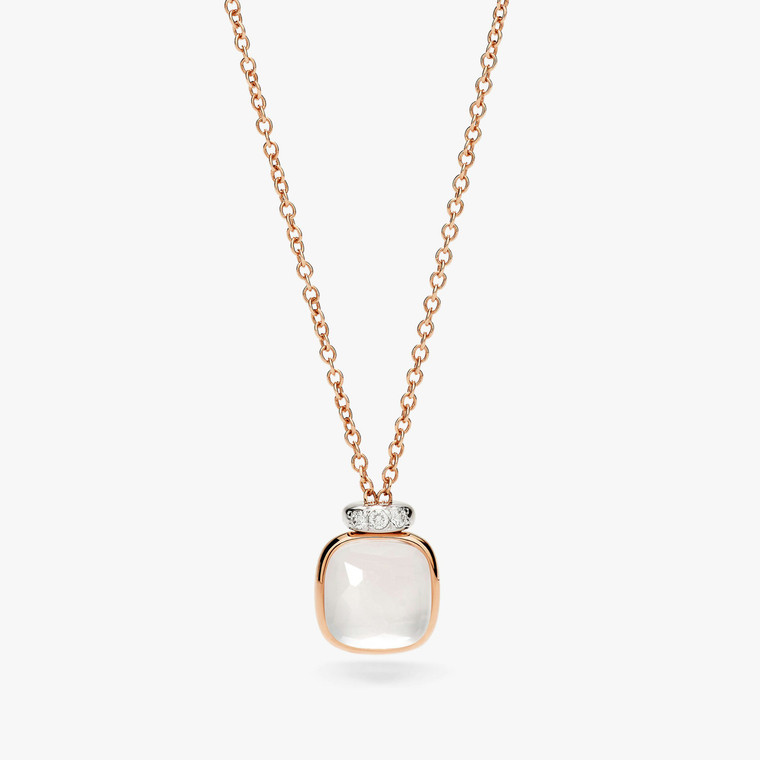 Pomellato Nudo Mini 18K Rose and White Gold Milky Quartz and Diamond Pendant Necklace