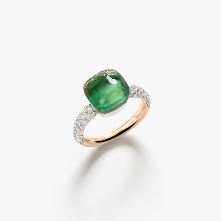 Pomellato Nudo 18K Rose and White Gold Prasiolite/Green Agate Diamond Classic Ring Size, 55
