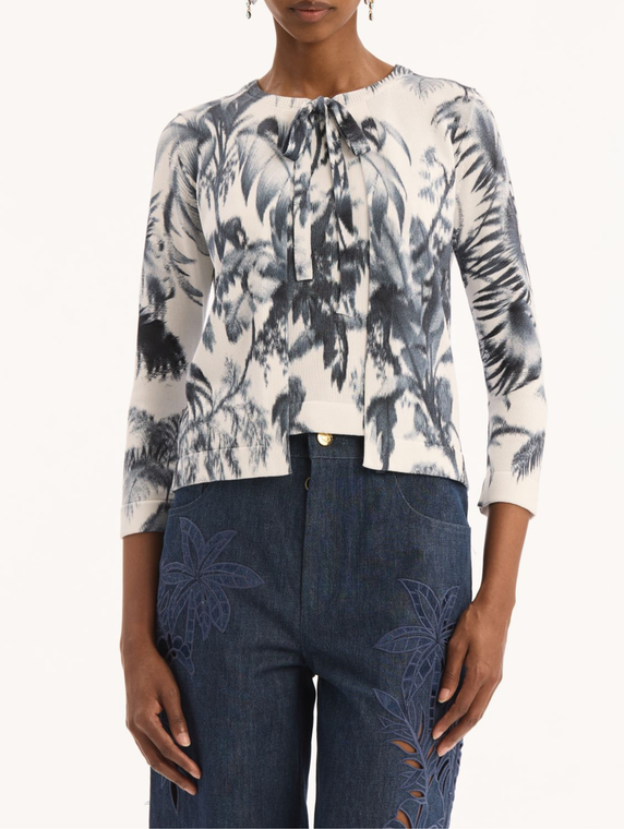 Oscar de la Renta Printed Dotted Palm Cardigan Twinset With Ties in Navy/White, Size X-Large