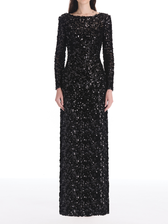 *VIRTUAL TRUNK SHOW* Oscar de la Renta Long Sleeve Velvet Paillettes Chiffon Gown