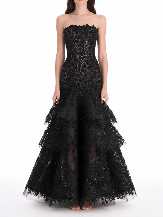 *VIRTUAL TRUNK SHOW* Oscar de la Renta Strapless Chrysanthemum Velvet Guipure Gown