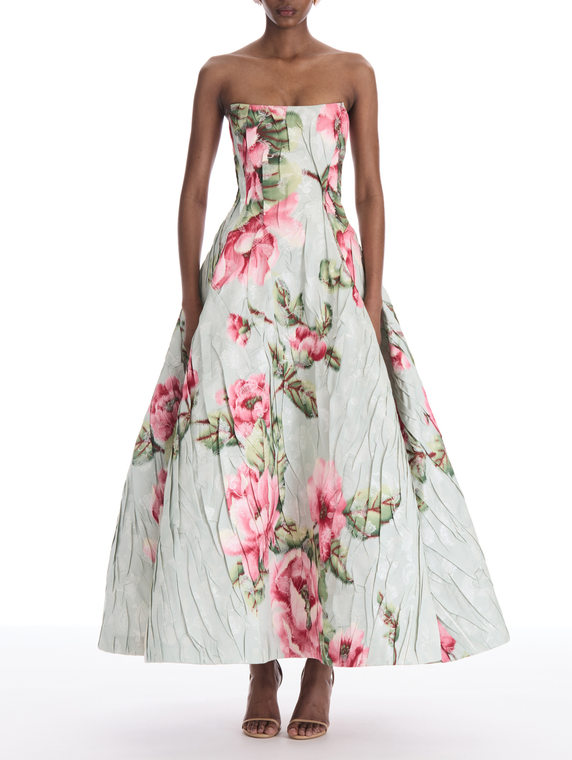 *VIRTUAL TRUNK SHOW* Oscar de la Renta Strapless Scoop Neck Floral Chine Jacquard Cocktail Dress