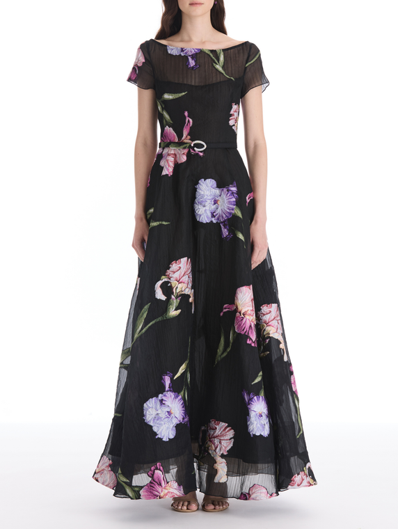 *VIRTUAL TRUNK SHOW* Oscar de la Renta Short Sleeve Large Painted Iris Fil Coupe Cocktail Dress