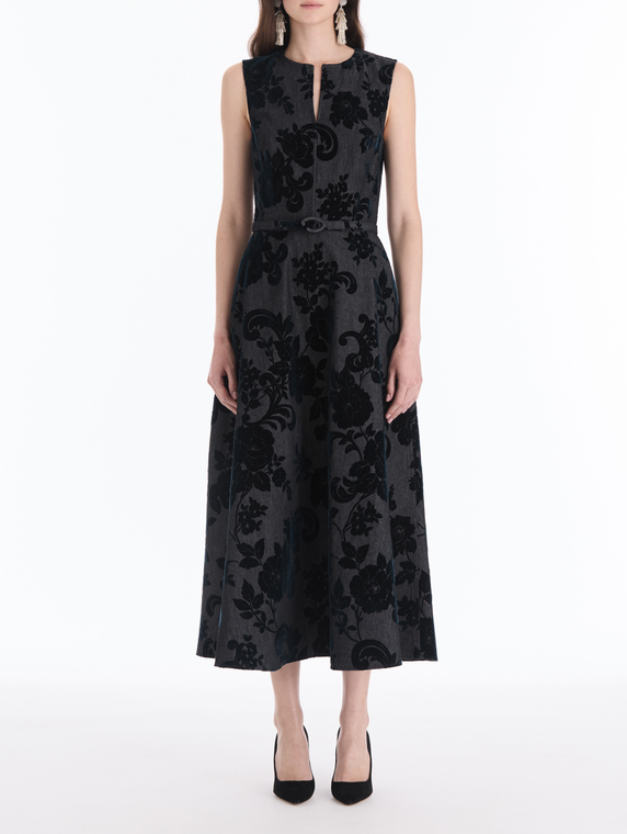 *VIRTUAL TRUNK SHOW* Oscar de la Renta Sleeveless Floral Flocked Denim Day Dress