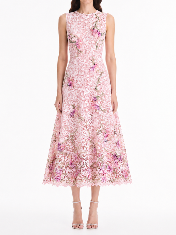 *VIRTUAL TRUNK SHOW* Oscar de la Renta Sleeveless Painted Iris Guipure Day Dress