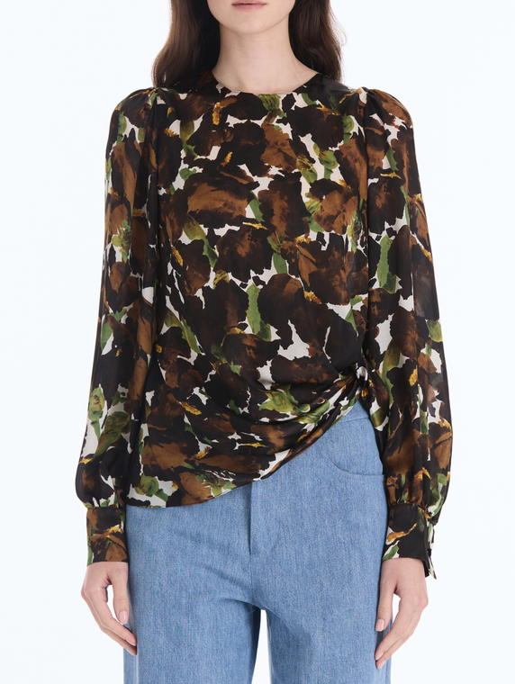 *VIRTUAL TRUNK SHOW* Oscar de la Renta Long Sleeve Watercolor Iris Satin Chiffon Blouse