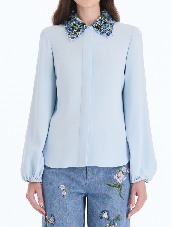 *VIRTUAL TRUNK SHOW* Oscar de la Renta Long Sleeve Beaded Iris Embroidered Collar Georgette Blouse