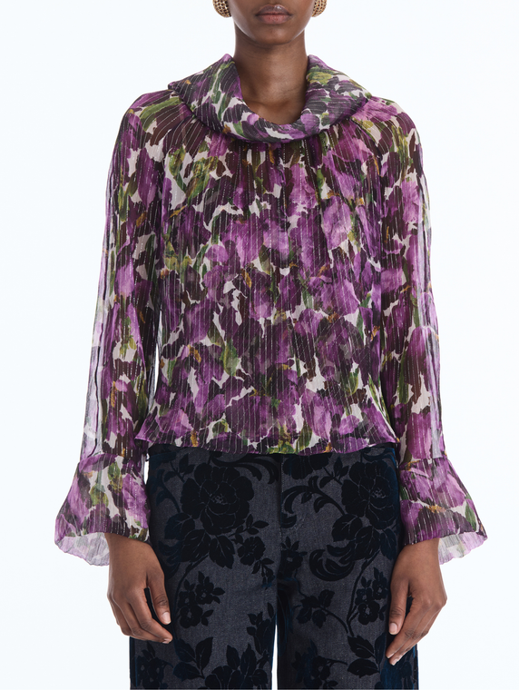 *VIRTUAL TRUNK SHOW* Oscar de la Renta Long Sleeve Watercolor Iris Crineckle Chiffon Blouse