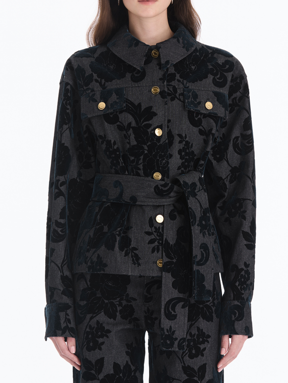 *VIRTUAL TRUNK SHOW* Oscar de la Renta Long Sleeve Floral Flocked Denim Jacket