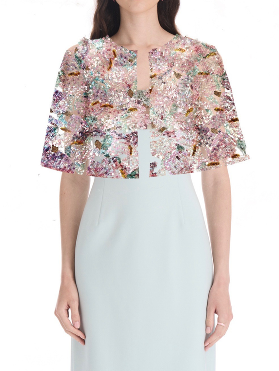 *VIRTUAL TRUNK SHOW* Oscar de la Renta Short Sleeve Beaded Iris Embroidered Cape