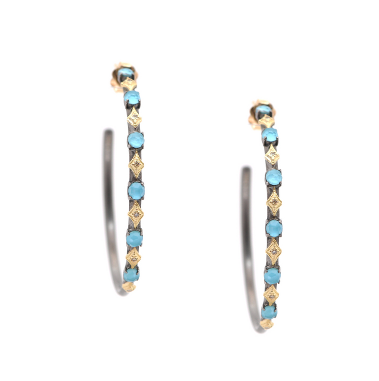 Armenta Blackened Sterling Silver Turquoise Crivelli Diamond Hoop Earrings, 35mm