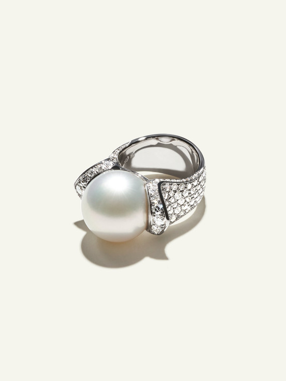 Tamara Comolli 18K White Gold Tahitian Pearl Ring with Diamond Pavé, Size 54 (6 3/4)