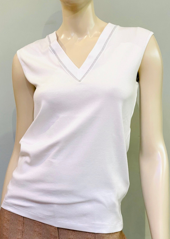 Fabiana Filippi V-Neck Metallic Stitch Cotton Tank in White, Size 46