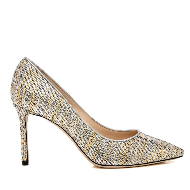 Jimmy Choo Romy 85 Woven Metallic Pumps in Silver/Gold