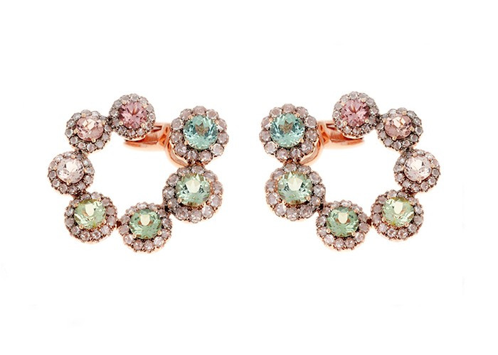 Selim Mouzannar Beirut Circle Earrings in 18K Pink Gold Set with Diamonds and Tourmalines