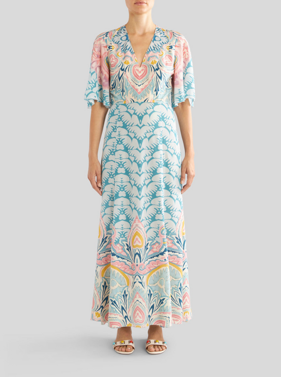 Etro Floral Print Silk Dress in Light Blue, Size 42