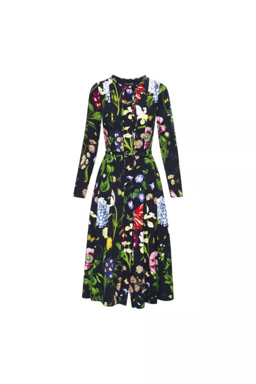 Oscar de la Renta Long Sleeve Multi Floral Cady Dress in Navy Multi, Size 6