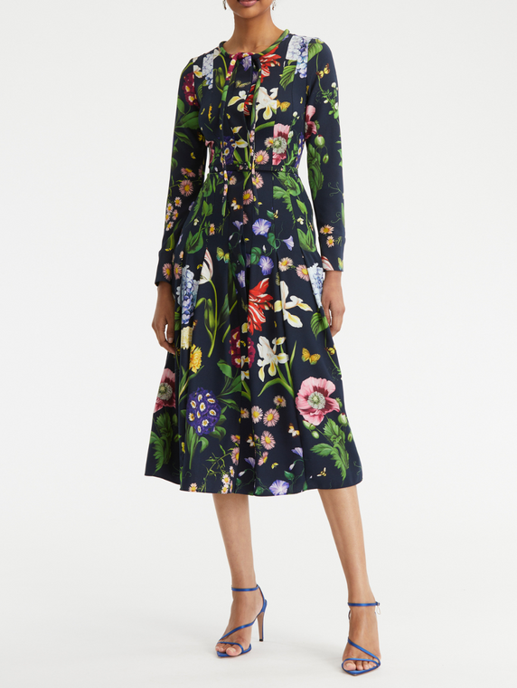 Oscar de la Renta Long Sleeve Multi Floral Cady Dress in Navy Multi, Size 6