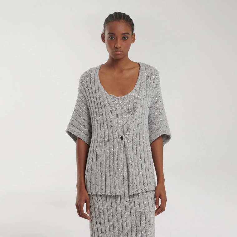 Fabiana Filippi Sequined Knit Cardigan in Ash Grey, Size 42