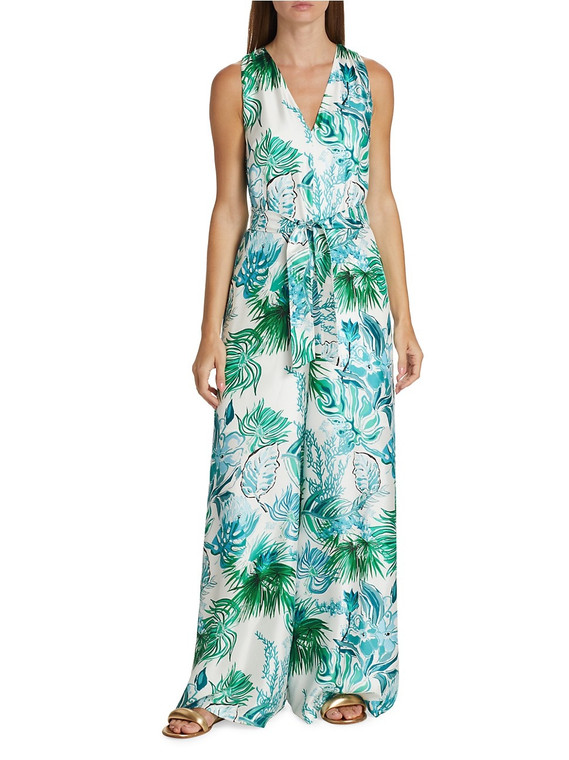 Max Mara Kabala Floral Silk Jumpsuit in Turquoise