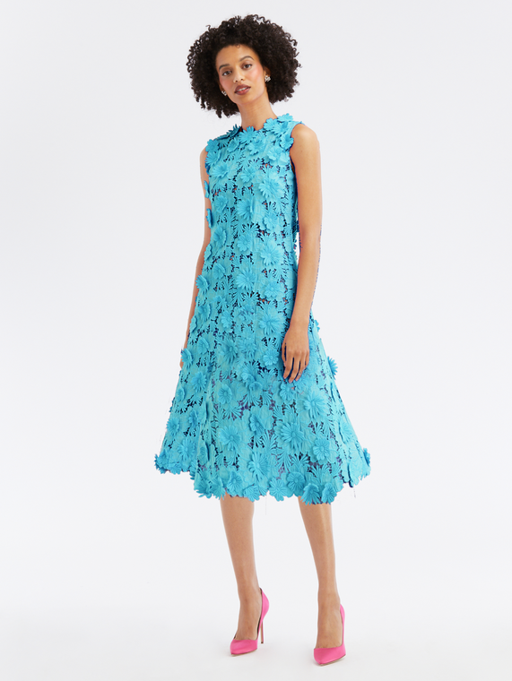 Oscar de la Renta Floral Appliqué Lace Dress in Sky Blue, Size 6