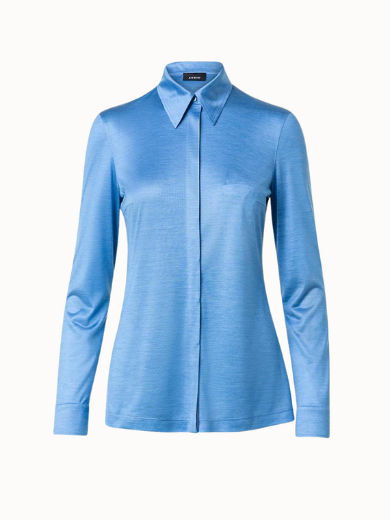 Akris Silk Jersey Button Up Shirt in Light Denim, Size 14