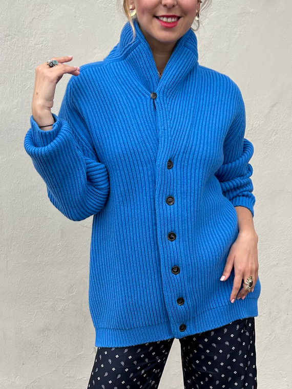 Begg x Co Yacht Cashmere Knitted Cardigan in Norse Blue, Size Small