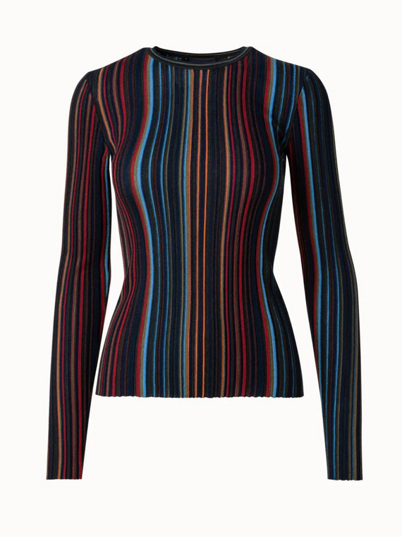 Akris Wool Silk Knit Pullover with Small Irregular Stripes in Navy Multicolor, Size 8