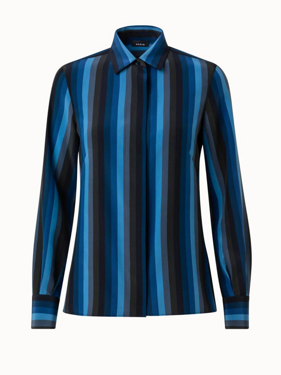 Akris Silk Crêpe Blouse with Dégradé Stripes in Navy Multicolor, Size 14