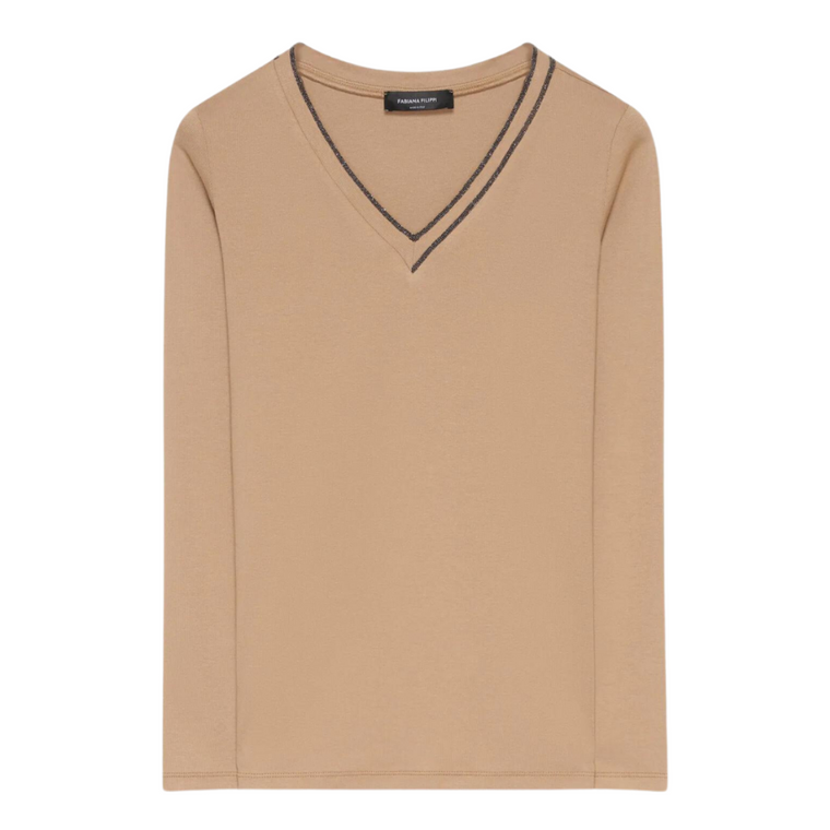 Fabiana Filippi Long Sleeve V-Neck Jersey T-Shirt in Desert Rose, Size 42