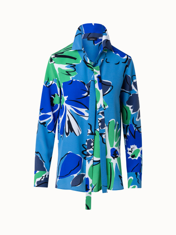 Akris Silk Crêpe Blouse With Sketched Abraham Flower Print in Denim Leaf