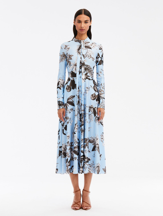 Oscar de la Renta Flora and Fauna Jersey Dress in Black/Light Blue, Size 12