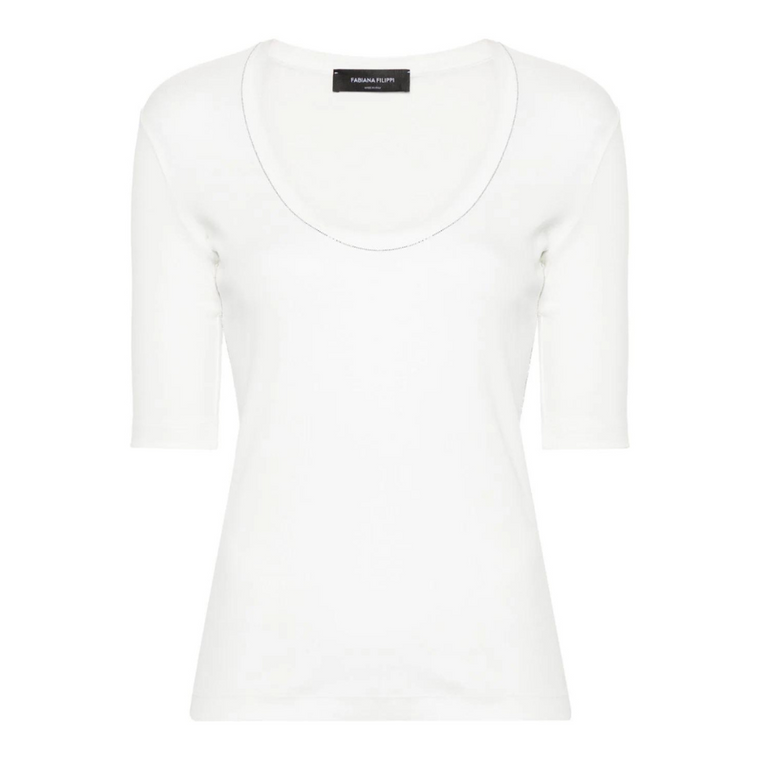 Fabiana Filippi Elbow Sleeve Scoop Neck Ribbed T-Shirt in White, Size 42